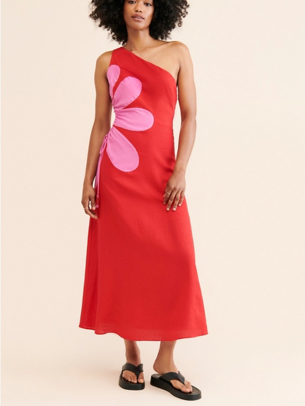 Anthropologie Farm Rio Cutout Flower Dress Linen Blend One Shoulder Medium - Picture 3 of 11